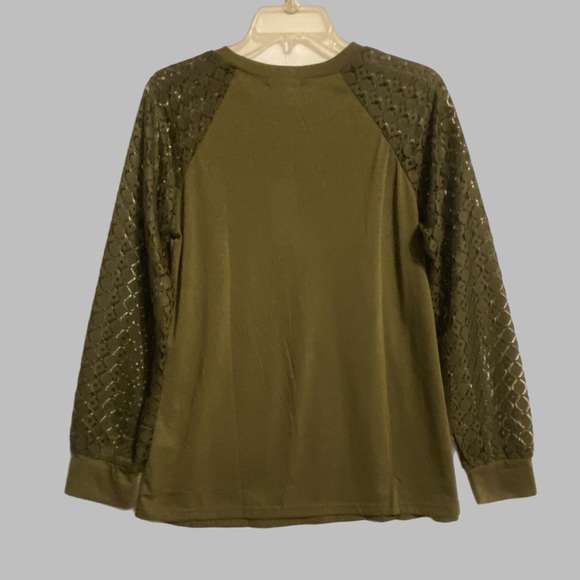 Boho Blouse Pleated Bodice Delicate Olive Crew Neck Lace long sleeves New w/ tag - Picture 3 of 11